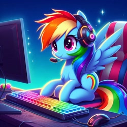 Size: 1024x1024 | Tagged: safe, imported from derpibooru, rainbow dash, pegasus, pony, ai content, ai generated, computer, cute, dashabetes, gamer dash, headset, headset mic, keyboard, monitor, prompter:nightofcore, solo, wrong cutie mark