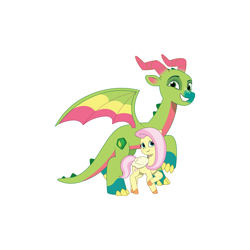 Size: 4096x4096 | Tagged: safe, artist:prixy05, imported from derpibooru, fluttershy, dragon, pegasus, pony, spoiler:g5, absurd resolution, dragoness, duo, duo female, female, g4 to g5, g5, generation leap, leaf (g5), mare, my little pony: tell your tale, simple background, white background