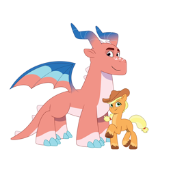 Size: 4096x4096 | Tagged: safe, artist:prixy05, imported from derpibooru, applejack, dragon, earth pony, pony, spoiler:g5, absurd resolution, duo, duo male and female, female, g4 to g5, g5, generation leap, male, mare, my little pony: tell your tale, simple background, tumble (g5), white background