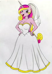 Size: 2456x3500 | Tagged: safe, artist:killerteddybear94, imported from derpibooru, princess cadance, anthro, big breasts, breasts, bride, busty princess cadance, clothes, dress, hand on hip, looking at you, smiling, traditional art, wedding dress