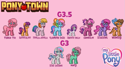 Size: 771x425 | Tagged: safe, artist:starrscout-23, imported from derpibooru, cheerilee (g3), minty, pinkie pie (g3), rainbow dash (g3), scootaloo (g3), star catcher, starsong, sweetie belle (g3), toola roola, whimsey weatherbe, dragon, earth pony, pegasus, pony, unicorn, pony town, core seven, female, filly, foal, g3, g3.5, horn, light pink background, mare, my little pony logo, names, pigtails, pink background, simple background, text, toola-roola