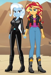 Size: 832x1216 | Tagged: safe, imported from twibooru, sunset shimmer, trixie, human, equestria girls, ai content, ai generated, black leather jacket, female, humanized, image, lesbian, needs more jpeg, prompter:tiamatnightmare, shipping, suntrix