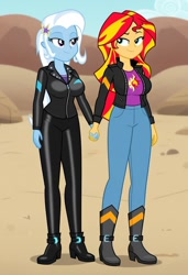 Size: 832x1216 | Tagged: safe, imported from twibooru, sunset shimmer, trixie, human, equestria girls, ai content, ai generated, black leather jacket, female, humanized, image, lesbian, needs more jpeg, prompter:tiamatnightmare, shipping, suntrix