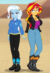 Size: 832x1216 | Tagged: safe, imported from twibooru, sunset shimmer, trixie, human, equestria girls, ai content, ai generated, black leather jacket, female, humanized, image, lesbian, needs more jpeg, prompter:tiamatnightmare, shipping, suntrix