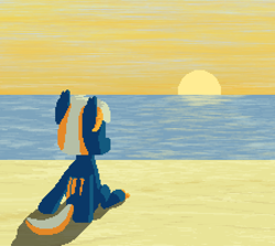 Size: 896x800 | Tagged: safe, artist:nitobit, imported from derpibooru, oc, oc only, oc:moonlight wane, bat pony, beach, digital art, male, pixel art, sand, shadow, solo, stallion, sun, sunset, water