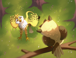 Size: 3000x2281 | Tagged: safe, artist:djkaskan, imported from derpibooru, owlowiscious, oc, oc:beaky, bird, griffon, owl, fanfic:yellow feathers, forest, griffon oc, high res, looking up, nature, paws, spread wings, tree, tree pov, wings