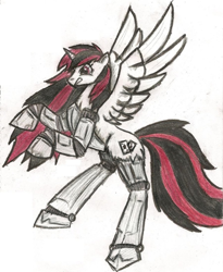 Size: 900x1099 | Tagged: safe, artist:zubias, imported from derpibooru, oc, oc only, oc:blackjack, alicorn, cyborg, cyborg pony, pony, fallout equestria, fallout equestria: project horizons, alicornified, amputee, colored pencil drawing, cybernetic legs, fanfic art, female, horn, mare, prosthetic eye, prosthetics, race swap, simple background, small horn, solo, spread wings, traditional art, white background, wings