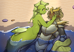 Size: 4092x2893 | Tagged: safe, artist:natt333, imported from derpibooru, oc, anthro, dragon, human, seapony (g4), armor, beach, digital art, dorsal fin, fin, fins, fish tail, floppy ears, flowing mane, flowing tail, horns, humanized, looking at each other, looking at someone, ocean, partially submerged, sand, scales, seashell, signature, smiling, smiling at each other, swimming, tail, water, wet