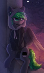 Size: 1816x3000 | Tagged: safe, artist:anku, imported from derpibooru, oc, oc only, oc:bytewave, pegasus, pony, clothes, commission, earbuds, eye clipping through hair, eyebrows, eyebrows visible through hair, hoodie, male, night, partially open wings, railroad, sitting, solo, stallion, window, wings