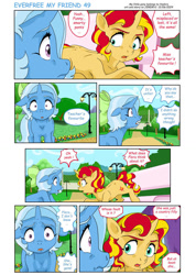 Size: 828x1163 | Tagged: safe, artist:jeremy3, imported from derpibooru, sunset shimmer, trixie, pony, unicorn, comic:everfree my friend, bench, canterlot, digital art, fanart, horn, park, park bench