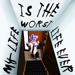 Size: 3000x3000 | Tagged: safe, artist:batavern, imported from derpibooru, starlight glimmer, armband, bipedal, broken hearts, clothes, emo, female, kyle gordon, my life (is the worst life ever), necktie, open mouth, shirt, solo, solo female, stairs, text