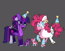 Size: 2048x1614 | Tagged: safe, artist:koidial, imported from derpibooru, part of a set, pinkie pie, twilight sparkle, alicorn, earth pony, pony, pony town, alternate accessories, alternate design, alternate eye color, alternate hairstyle, alternate tailstyle, big eyes, blue eyes, blue hooves, blue sclera, blue wingtips, blush scribble, blushing, bow, chest fluff, chubby, clothes, coat markings, colored, colored ears, colored hooves, colored sclera, colored wings, colored wingtips, curly mane, curly tail, duo, duo female, facial markings, female, fetlock tuft, flat colors, folded wings, glasses, glasses chain, gray background, hair accessory, hair bun, hairclip, hat, hooves, implied pinkie pie, leg warmers, long mane, long socks, long tail, looking up, mane accessory, mane clip, mare, mealy mouth (coat marking), mismatched hooves, mismatched socks, multicolored hooves, multicolored mane, multicolored tail, no pupils, party hat, physique difference, pink mane, pink tail, purple coat, raised hoof, redesign, reference used, ruffles, signature, simple background, smiling, socks, socks (coat markings), splotches, sprinkles in mane, sprinkles in tail, standing, straight mane, straight tail, striped leg warmers, tail, tail accessory, tail bow, thin legs, three toned mane, three toned tail, tied mane, tied tail, tri-color mane, tri-color tail, tri-colored mane, tri-colored tail, tricolor mane, tricolor tail, tricolored mane, tricolored tail, twilight sparkle (alicorn), two toned coat, two toned wings, wall of tags, wings