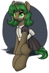 Size: 2214x3271 | Tagged: safe, artist:dumbwoofer, imported from derpibooru, oc, oc:pine shine, pony, unicorn, bow, clothes, female, horn, looking at you, maid, maid headdress, mare, simple background, sitting, smiling, solo, transparent background