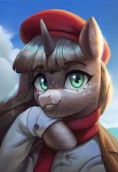 Size: 2500x3657 | Tagged: safe, artist:mrscroup, imported from derpibooru, oc, oc:obsidian limelight, crystal pony, unicorn, beret, bust, french, green eyes, hat, hoof under chin, horn, looking at you, portrait, smiling, vacation