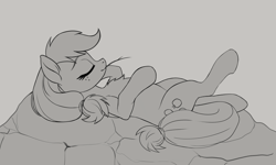 Size: 2000x1200 | Tagged: safe, artist:zetamad, imported from derpibooru, applejack, earth pony, pony, atg 2024, chest fluff, crossed legs, female, lying down, mare, monochrome, newbie artist training grounds, on back, solo, straw in mouth