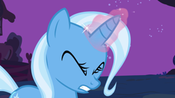 Size: 1920x1080 | Tagged: safe, imported from derpibooru, screencap, trixie, pony, unicorn, boast busters, season 1, eyes closed, female, glowing, glowing horn, gritted teeth, horn, magic, magic aura, mare, outdoors, ponyville, tail, teeth