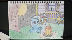 Size: 2040x1148 | Tagged: safe, artist:toastymares, imported from derpibooru, trixie, /bale/, beginner artist, campfire, comfy, female, lying down, lying on the ground, mare, missing accessory, moon, no clothes, on ground, outdoors, solo, stars, traditional art, trixie's wagon, wagon