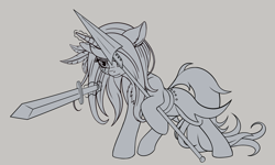 Size: 2000x1200 | Tagged: safe, artist:zetamad, imported from derpibooru, oc, oc only, pony, unicorn, atg 2024, feather, horn, lineart, newbie artist training grounds, spear, sword, weapon