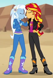 Size: 832x1216 | Tagged: safe, imported from twibooru, sunset shimmer, trixie, human, equestria girls, ai content, ai generated, black leather jacket, female, humanized, image, lesbian, needs more jpeg, prompter:tiamatnightmare, shipping, suntrix