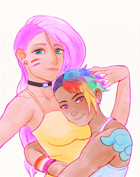 Size: 948x1200 | Tagged: safe, artist:grissaecrim, imported from derpibooru, fluttershy, rainbow dash, human, bare shoulders, female, flutterdash, humanized, lesbian, lesbian pride flag, pride, pride flag, pride month, shipping, sleeveless, transgender pride flag