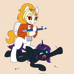 Size: 2048x2048 | Tagged: safe, artist:peel_a_na, imported from derpibooru, oc, oc only, oc:dyx, oc:nyx, alicorn, clothes, jacket, simple background, toy gun