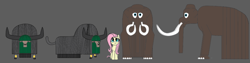 Size: 902x227 | Tagged: safe, artist:polorenzielephant, imported from derpibooru, fluttershy, oc, oc:kayor, oc:ro-moth, mammoth, pegasus, yak, concept art, scale