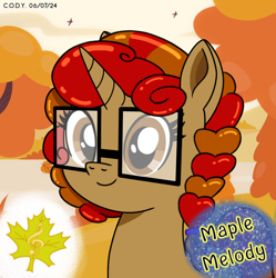 Size: 1980x1986 | Tagged: safe, artist:codenamekid, imported from derpibooru, oc, oc only, oc:maple m. melody, bird, pony, unicorn, afternoon, autumn, braid, cute, cutie mark, eyelashes, falling leaves, glasses, highlights, horn, leaves, looking at you, maple leaf, shading, sky, solo, text, tree, water