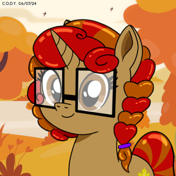 Size: 1980x1986 | Tagged: safe, artist:codenamekid, imported from derpibooru, oc, oc only, oc:maple m. melody, bird, pony, unicorn, afternoon, autumn, braid, cute, cutie mark, eyelashes, falling leaves, glasses, highlights, horn, leaves, looking at you, maple leaf, shading, sky, solo, text, tree, water