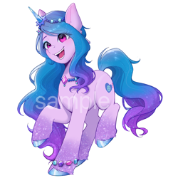 Size: 2500x2500 | Tagged: safe, artist:xiaowu07, imported from derpibooru, izzy moonbow, pony, unicorn, cute, female, g5, horn, looking at you, mare, obtrusive watermark, sample, simple background, smiling, smiling at you, solo, watermark, white background