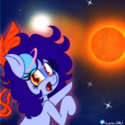 Size: 3070x3070 | Tagged: safe, artist:juniverse, imported from derpibooru, oc, oc:juniverse, earth pony, binary star, colored, happy, hey look!, nova, pointing, ribbon, solo, space, space pony, stars, universe daughter, white dwarf