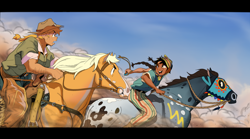 Size: 2048x1142 | Tagged: safe, artist:bixels, imported from derpibooru, applejack, rainbow dash, horse, human, duo, duo female, female, horsebackriding, humanized, humans riding horses, moderate dark skin, reins, riding, sweat, tan skin, the grand galloping 20s, windswept hair