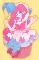 Size: 1060x1600 | Tagged: safe, artist:77-oplpd, artist:kkk8372178, imported from derpibooru, pinkie pie, human, equestria girls, balloon, blue eyes, blue socks, clothes, cupcake, food, holding, humanized, open mouth, open smile, pink hair, pink skin, shoes, simple background, sitting, smiling, solo, yellow background