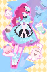 Size: 1060x1600 | Tagged: safe, artist:77-oplpd, artist:kkk8372178, imported from derpibooru, human, equestria girls, abstract background, blue dress, coffee, cupcake, food, humanized, plate, solo