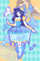 Size: 1060x1600 | Tagged: safe, artist:77-oplpd, artist:kkk8372178, imported from derpibooru, rarity, human, pony, unicorn, equestria girls, abstract background, blue dress, clothes, dress, female, horn, humanized, purple hair, solo