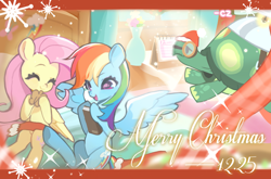 Size: 3256x2149 | Tagged: safe, artist:chengzi82020, imported from derpibooru, fluttershy, rainbow dash, christmas, female, flutterdash, holiday, lesbian, shipping