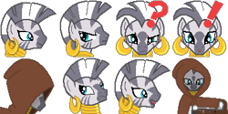 Size: 384x192 | Tagged: safe, artist:scootaloormayfly, imported from derpibooru, zecora, zebra, cloak, clothes, confused, drugs, exclamation point, looking at you, multeity, needle, pixel art, question mark, rpg maker, solo, sprite, surprised