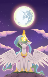 Size: 1247x2000 | Tagged: safe, artist:arcane-thunder, imported from derpibooru, princess celestia, alicorn, pony, atg 2024, crying, eyes closed, female, floppy ears, full moon, glowing, glowing horn, horn, mare, mare in the moon, moon, newbie artist training grounds, partially open wings, raising the moon, solo, wings