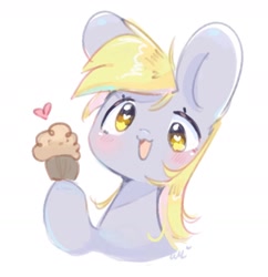 Size: 1484x1536 | Tagged: safe, artist:bubbletea, imported from derpibooru, derpy hooves, pegasus, pony, bust, cute, derpabetes, female, food, heart, heart eyes, hoof hold, looking at you, mare, muffin, open mouth, open smile, simple background, smiling, smiling at you, solo, white background, wingding eyes