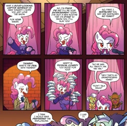 Size: 985x977 | Tagged: safe, artist:tonyfleecs, idw, imported from derpibooru, bon bon, granny smith, lyra heartstrings, pinkie pie, prince rutherford, sweetie drops, earth pony, pony, unicorn, spoiler:comic, spoiler:comic44, cream pie, custard pie, dc comics, food, horn, microphone, official comic, pie, pinkie joker, puppet show, stand-up comedy, talk show, the joker