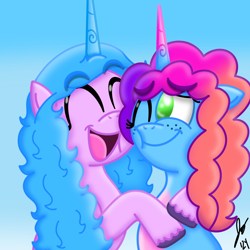 Size: 2048x2048 | Tagged: safe, artist:jesslmc16, idw, imported from derpibooru, izzy moonbow, unicorn, comic, duo, duo female, eyes closed, female, floppy ears, g5, horn, hug, looking at each other, looking at someone, misty brightdawn, my little pony: kenbucky roller derby, open mouth, scene interpretation, signature, simple background, smiling, smiling at each other