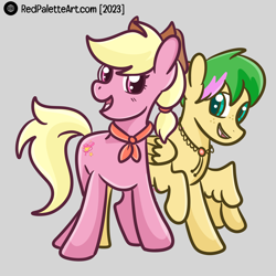 Size: 3000x3000 | Tagged: safe, artist:redpalette, imported from derpibooru, oc, oc:harmonic tune, oc:harmony star, earth pony, pegasus, bolo tie, cowboy hat, cute, earth pony oc, female, hat, looking at you, mare, neckerchief, open mouth, pegasus oc, smiling, wings