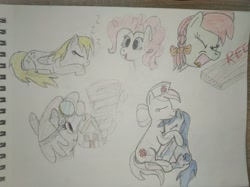 Size: 4032x3016 | Tagged: safe, artist:jakusi, candy apples, derpy hooves, dust devil, nurse redheart, pinkie pie, oc, oc:fallen oakly, earth pony, pegasus, angry, apple family member, aviator goggles, bow, bust, eyes closed, female, filly, goggles, hair bow, happy, hat, house, hug, mare, nurse hat, onomatopoeia, plank, portrait, reeee, screaming, sleeping, sound effects, tornado, traditional art, zzz