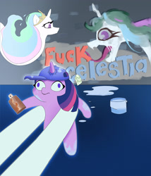 Size: 3000x3500 | Tagged: safe, artist:luanbang, imported from derpibooru, princess celestia, twilight sparkle, pegasus, pony, unicorn, cute, graffiti, hat, holding a pony, horn, horn impalement, meme, paint bucket, ponified meme, spray paint, text, twiabetes, twiggie, vulgar