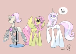 Size: 1200x857 | Tagged: safe, artist:aragón, imported from derpibooru, fleur-de-lis, fluttershy, pegasus, pony, unicorn, armor, concave belly, female, flutter de lis, height difference, horn, lesbian, long legs, shipping, slender, sparkles, speech bubble, thin