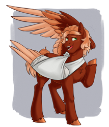 Size: 3000x3500 | Tagged: safe, artist:jeshh, imported from derpibooru, oc, oc only, oc:golden flare, pegasus, pony, bandage, broken bone, broken wing, cast, colored hooves, freckles, hooves, injured, ponified, short tail, sling, solo, species swap, tail, unshorn fetlocks, wings