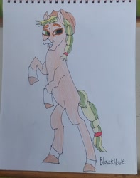 Size: 2604x3304 | Tagged: safe, artist:blackblade360, imported from derpibooru, applejack, earth pony, pony, alternate design, alternate hairstyle, applejack's hat, bipedal, braid, braided tail, colored pencil drawing, cowboy hat, female, green eyes, hat, irl, looking at you, mare, missing cutie mark, orange coat, paper, photo, raised leg, rearing, signature, tail, traditional art, two toned mane, two toned tail, unshorn fetlocks, wild manes, wild manesified