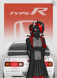 Size: 1400x1900 | Tagged: safe, artist:kreuz, imported from derpibooru, oc, oc only, alicorn, anthro, alicorn oc, anthro oc, car, clothes, coat, female, honda, horn, poster, red and black mane, red and black oc, shy, standing, vehicle, wings