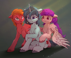 Size: 2432x2004 | Tagged: safe, artist:itssim, imported from derpibooru, oc, oc:amanita, oc:bitterroot, oc:restricted code, earth pony, pegasus, unicorn, glasses, horn, nervous, trio