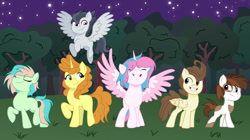 Size: 1193x670 | Tagged: safe, artist:starfyres, imported from derpibooru, coral currents, pipsqueak, pound cake, princess flurry heart, pumpkin cake, rumble, alicorn, earth pony, pegasus, pony, unicorn, alternate mane six, background, base used, eyes closed, female, flying, group, horn, male, mare, older, older coral currents, older flurry heart, older pipsqueak, older pound cake, older pumpkin cake, older rumble, s, smiling, stallion