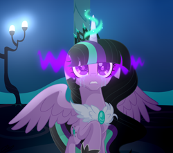 Size: 2076x1837 | Tagged: safe, artist:alinamandarina, artist:lunerymish, imported from derpibooru, oc, oc only, oc:twivine sparkle, alicorn, pony, base used, crown, crying, dark magic, female, jewelry, magic, mare, panic, peytral, regalia, solo